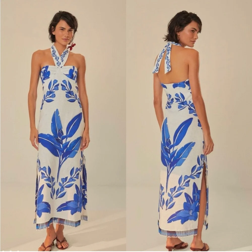 FARM Rio White Maxi Dress w/Bold Blue Floral Print Medium Like NEW! 100% Linen. - Picture 1 of 15